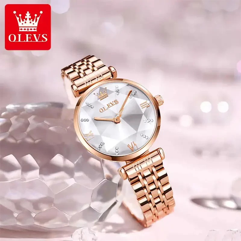 Olevs Luxury Silver Diamond Dial Rose Gold Ladies Watch | 6642